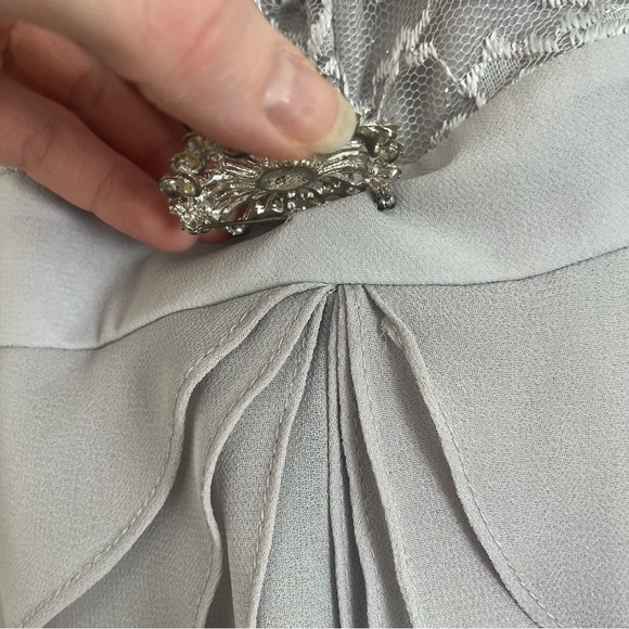 Silver Lace Chiffon Dress S Glam Formal Gown w/ Brooch Mother of the Bride Prom - Picture 14 of 16